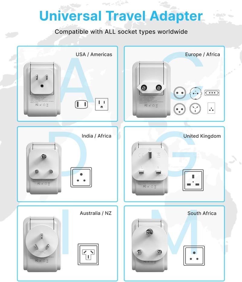 VINTAR مجموعة محول السفر العالمي، محول طاقة دولي مع 3 منافذ USB (2 USB C) و 4 مآخذ AC، ملحقات قابلة للفصل من نوع A، C، G، D، I، M، محول سفر عالمي للولايات المتحدة/الاتحاد الأوروبي/المملكة المتحدة/الهند/أفريقيا - Image 3